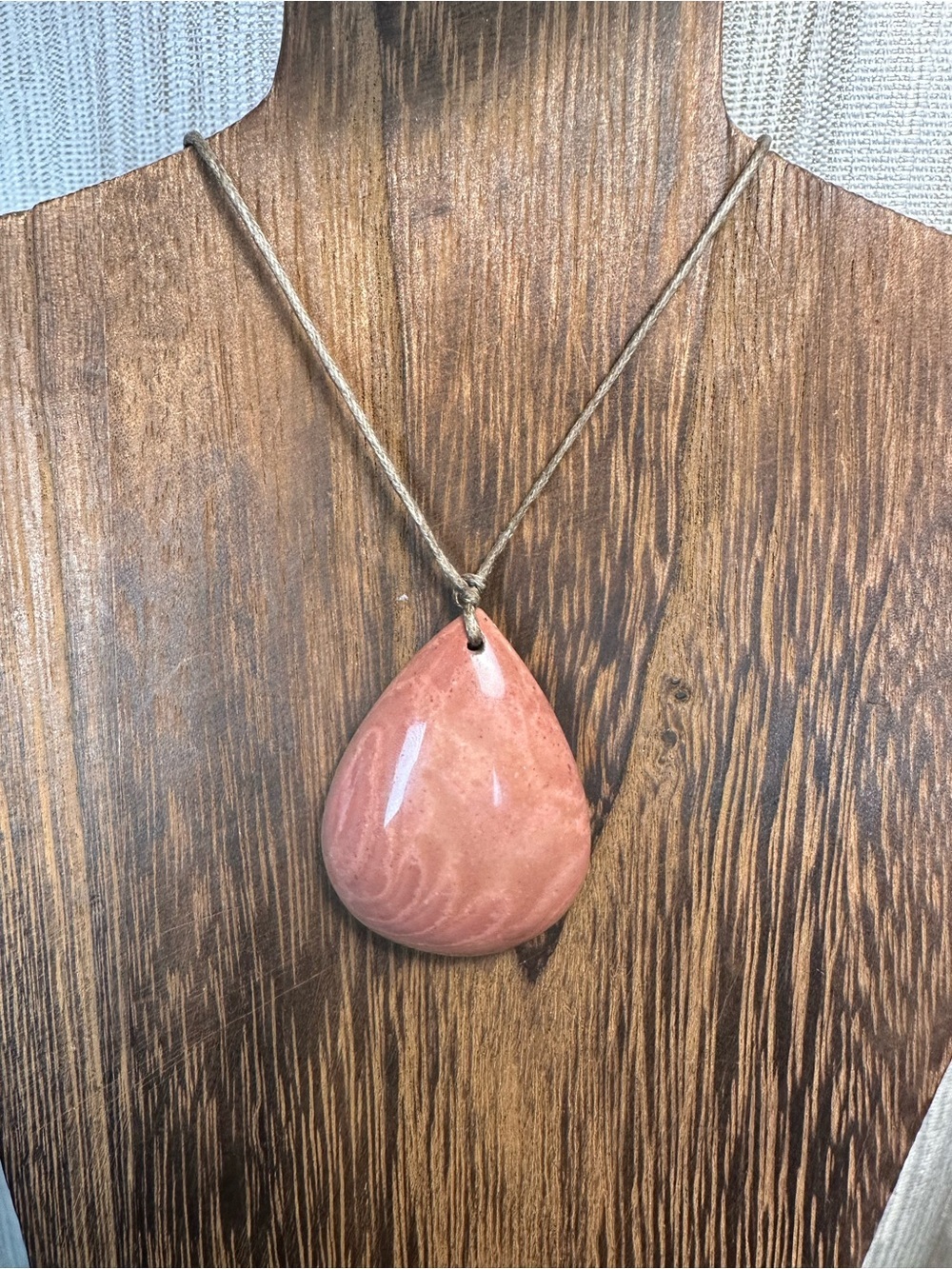 Minimalist Polychrome Jasper Teardrop Pendant Necklace on Thin Brown Rope - Picture 9 of 16